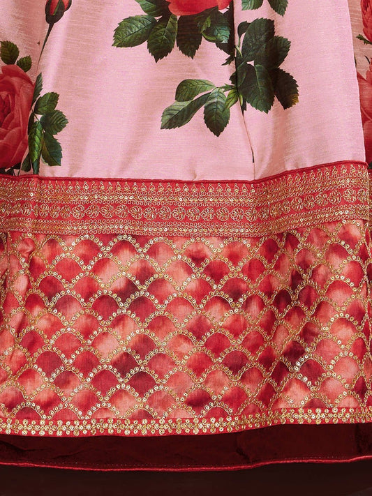 Pink & Green Embroidered Semi-Stitched Lehenga & Unstitched Blouse With Dupatta