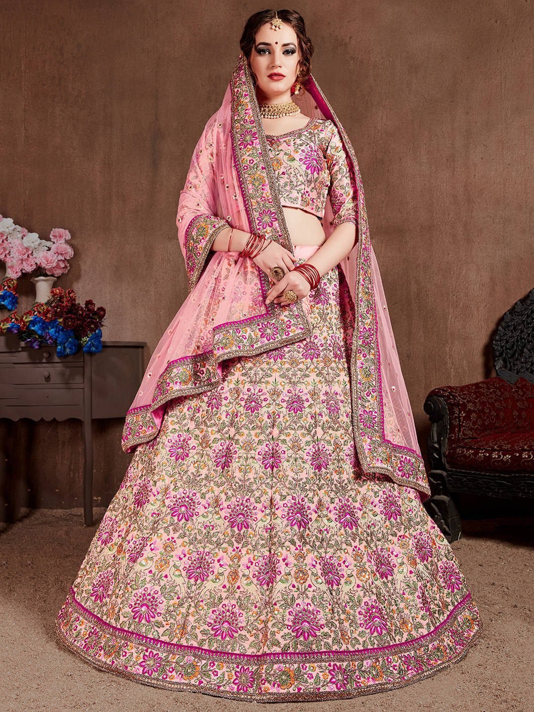 Pink & Purple Embroidered Semi-Stitched Lehenga &amp; Unstitched Blouse With Dupatta