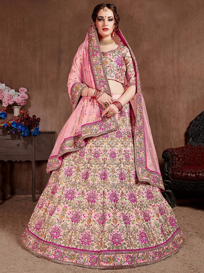 Pink & Purple Embroidered Semi-Stitched Lehenga &amp; Unstitched Blouse With Dupatta