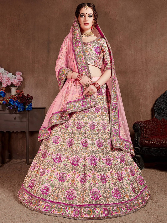 Pink & Purple Embroidered Semi-Stitched Lehenga &amp; Unstitched Blouse With Dupatta