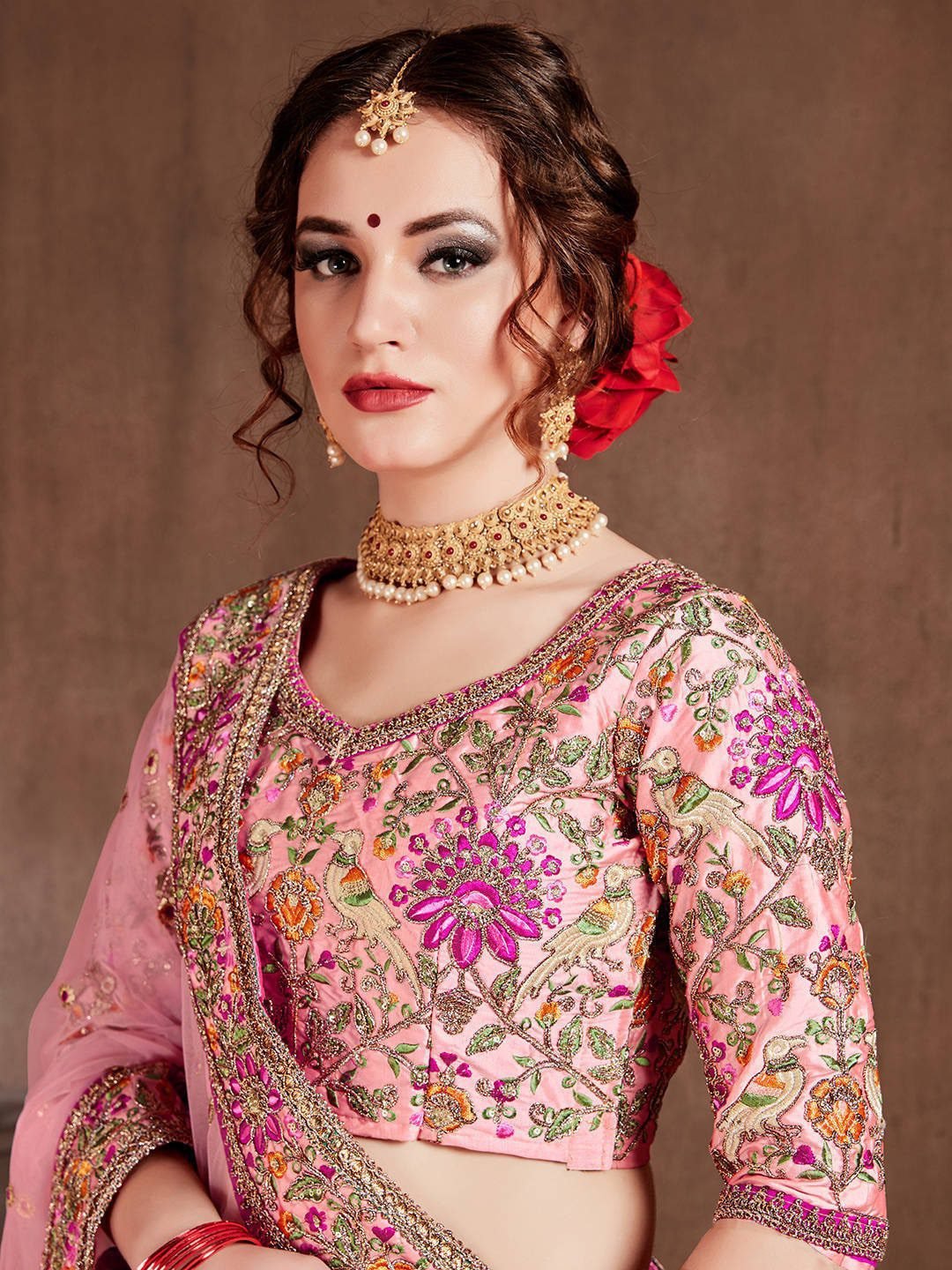Pink & Purple Embroidered Semi-Stitched Lehenga &amp; Unstitched Blouse With Dupatta