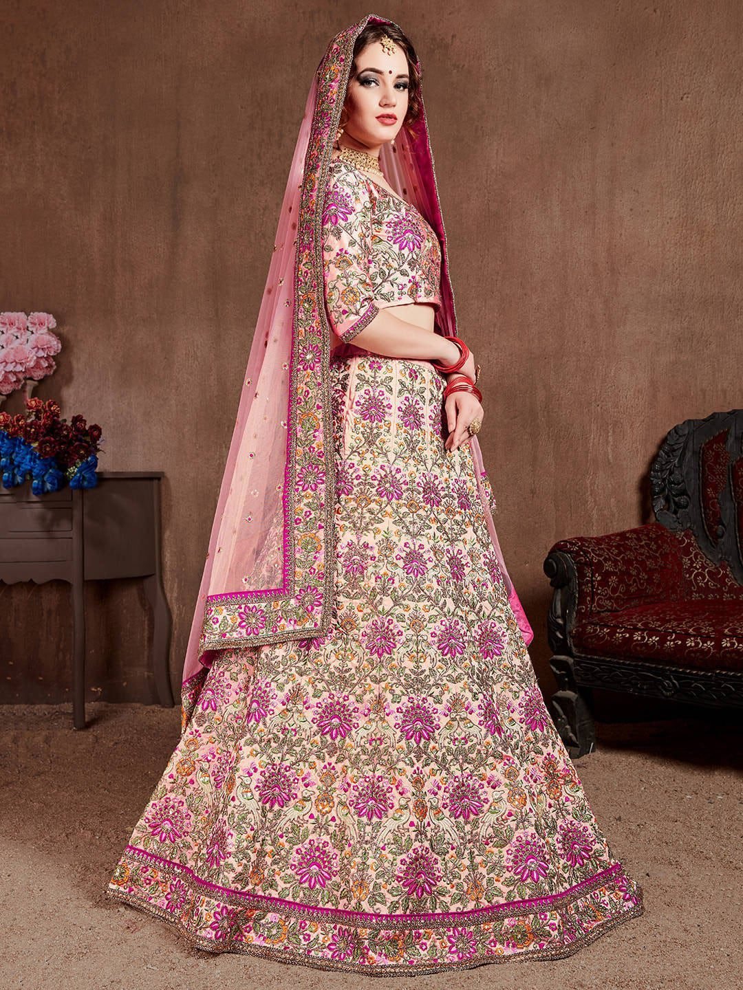 Pink & Purple Embroidered Semi-Stitched Lehenga &amp; Unstitched Blouse With Dupatta