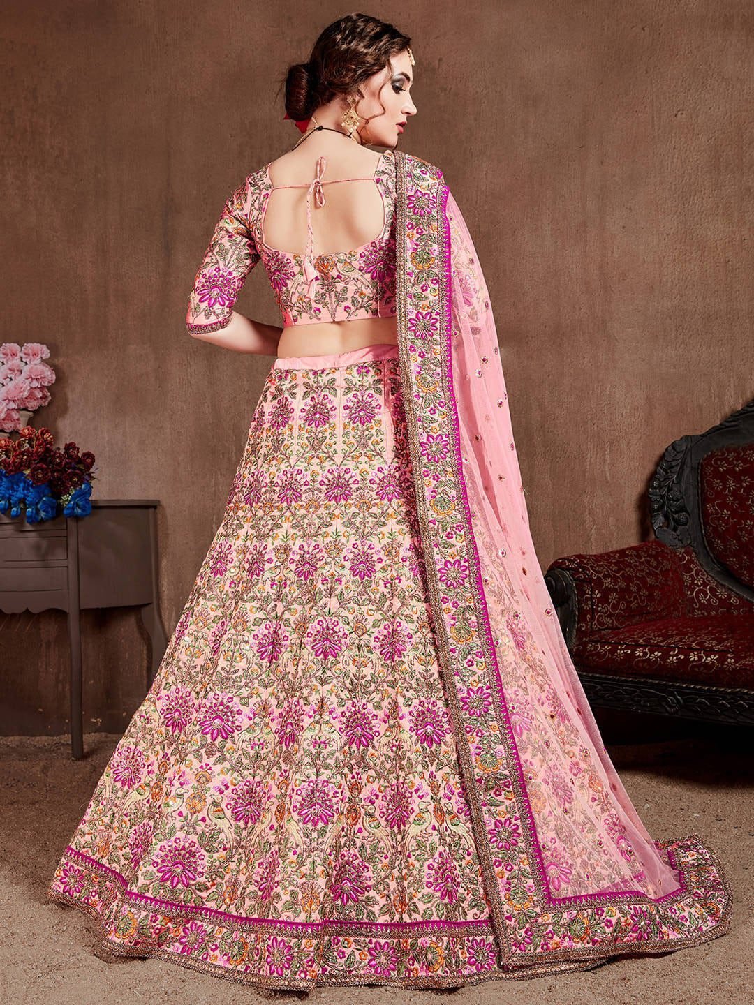 Pink & Purple Embroidered Semi-Stitched Lehenga &amp; Unstitched Blouse With Dupatta