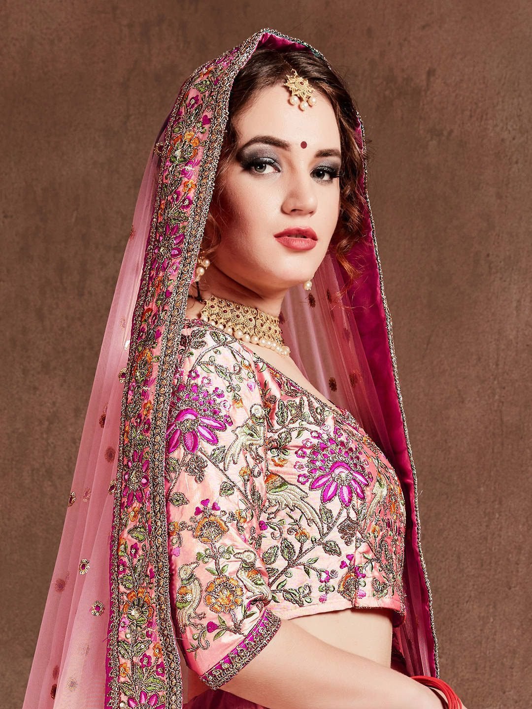 Pink & Purple Embroidered Semi-Stitched Lehenga &amp; Unstitched Blouse With Dupatta