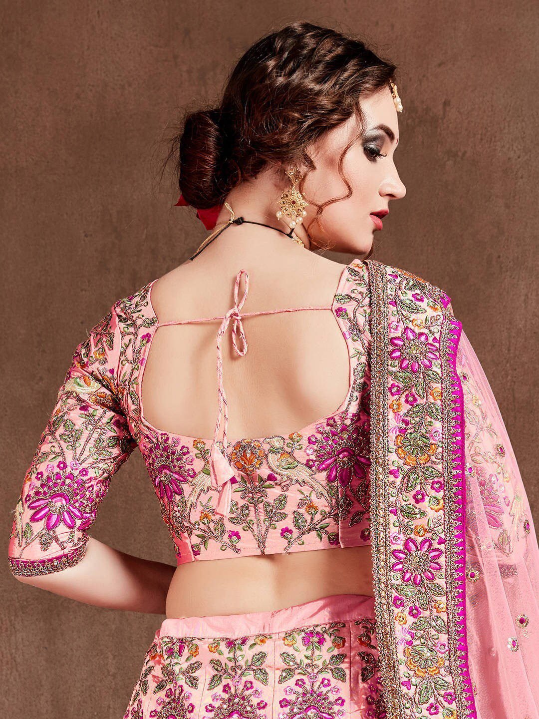 Pink & Purple Embroidered Semi-Stitched Lehenga &amp; Unstitched Blouse With Dupatta