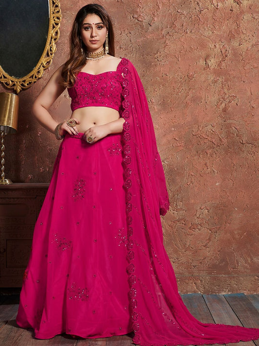 Pink & Silver-Toned Embroidered Sequinned Bridal Lehenga Choli Set With Dupatta