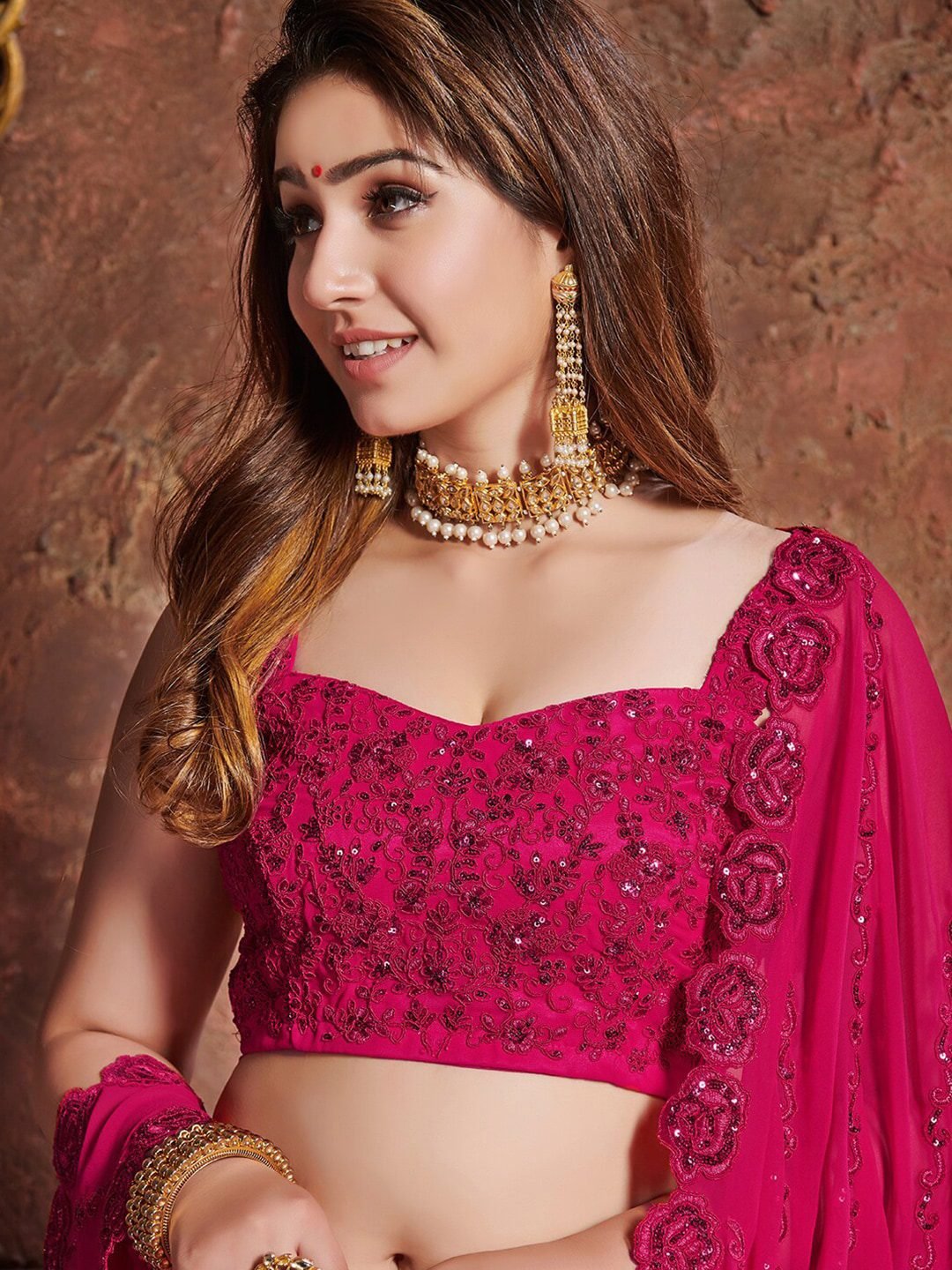 Pink & Silver-Toned Embroidered Sequinned Bridal Lehenga Choli Set With Dupatta