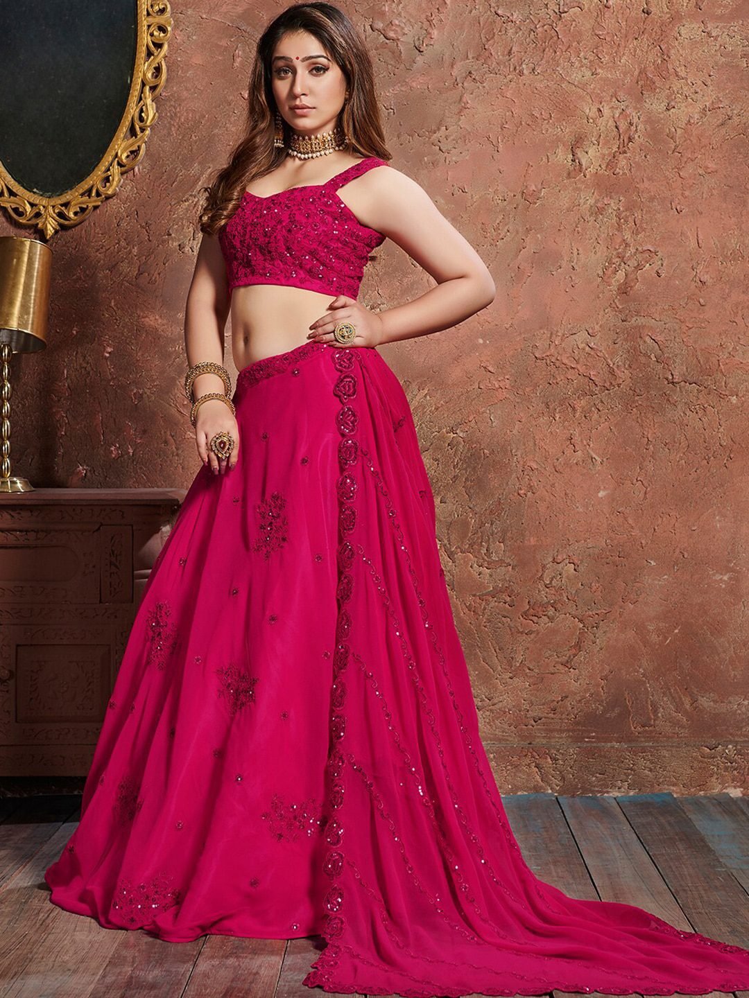Pink & Silver-Toned Embroidered Sequinned Bridal Lehenga Choli Set With Dupatta