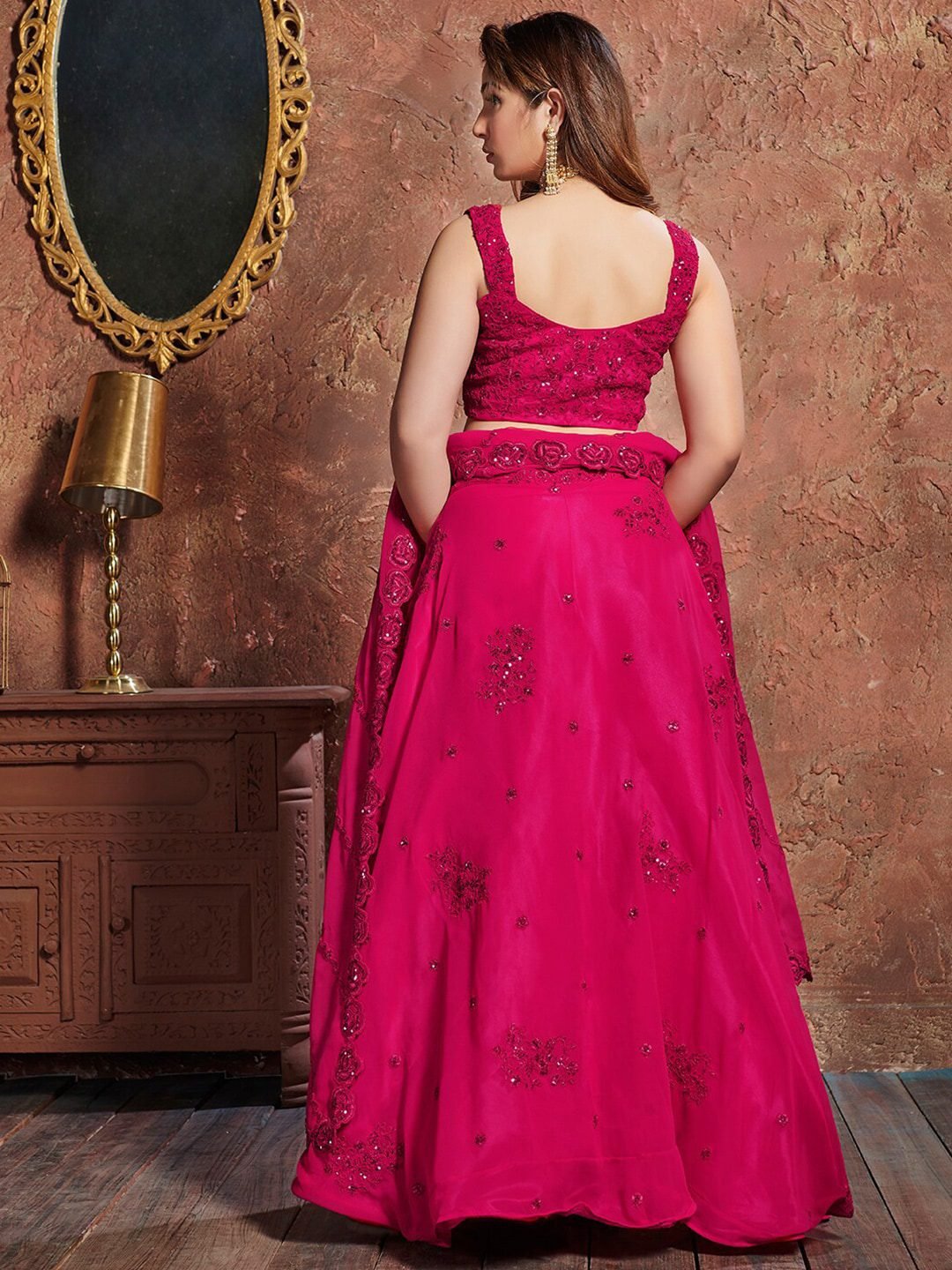 Pink & Silver-Toned Embroidered Sequinned Bridal Lehenga Choli Set With Dupatta