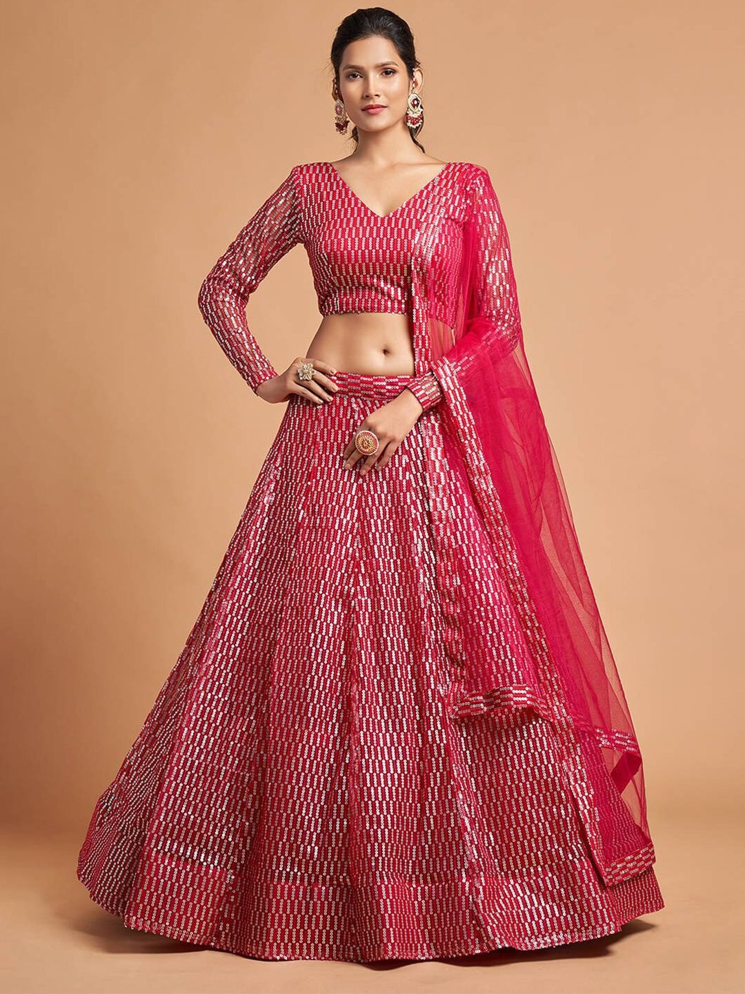 Pink & Silver-Toned Embroidered Sequinned Kalamkari Semi-Stitched Lehenga &amp; Unstitched Blouse With