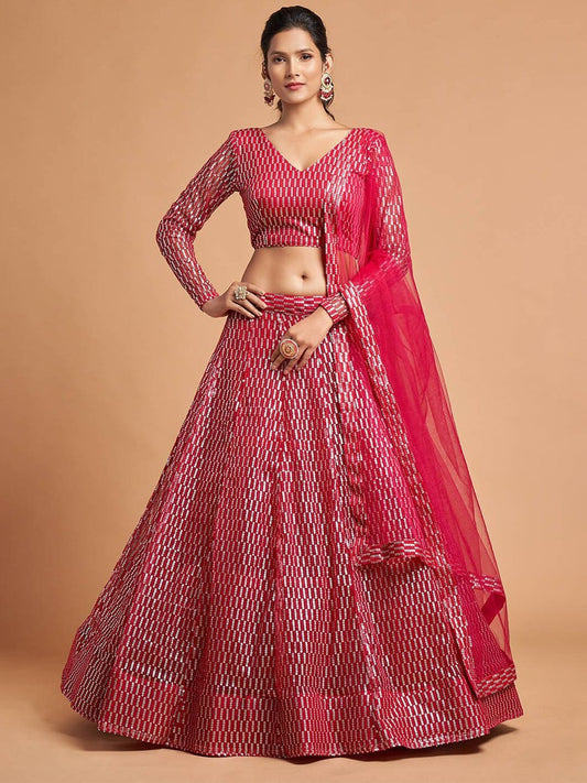 Pink & Silver-Toned Embroidered Sequinned Kalamkari Semi-Stitched Lehenga &amp; Unstitched Blouse With
