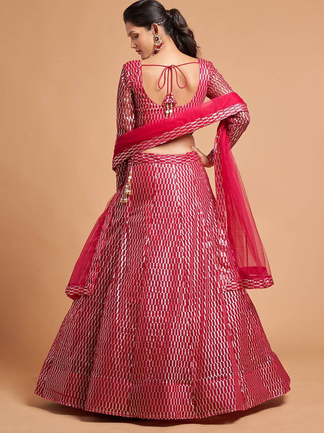 Pink & Silver-Toned Embroidered Sequinned Kalamkari Semi-Stitched Lehenga &amp; Unstitched Blouse With