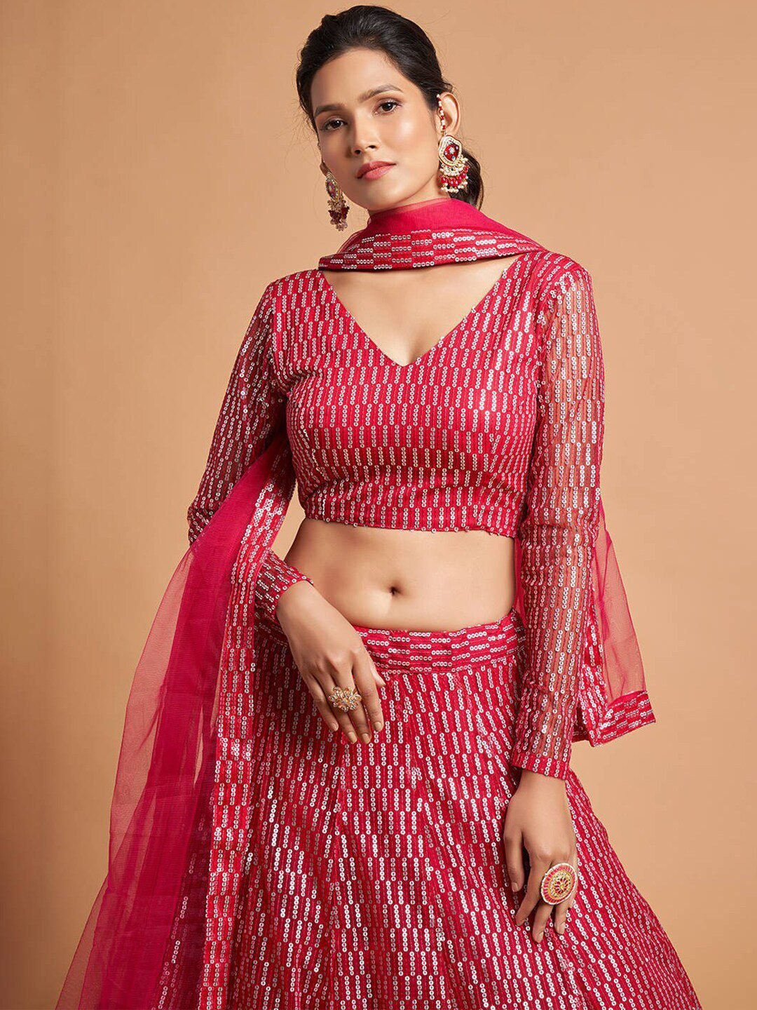Pink & Silver-Toned Embroidered Sequinned Kalamkari Semi-Stitched Lehenga &amp; Unstitched Blouse With