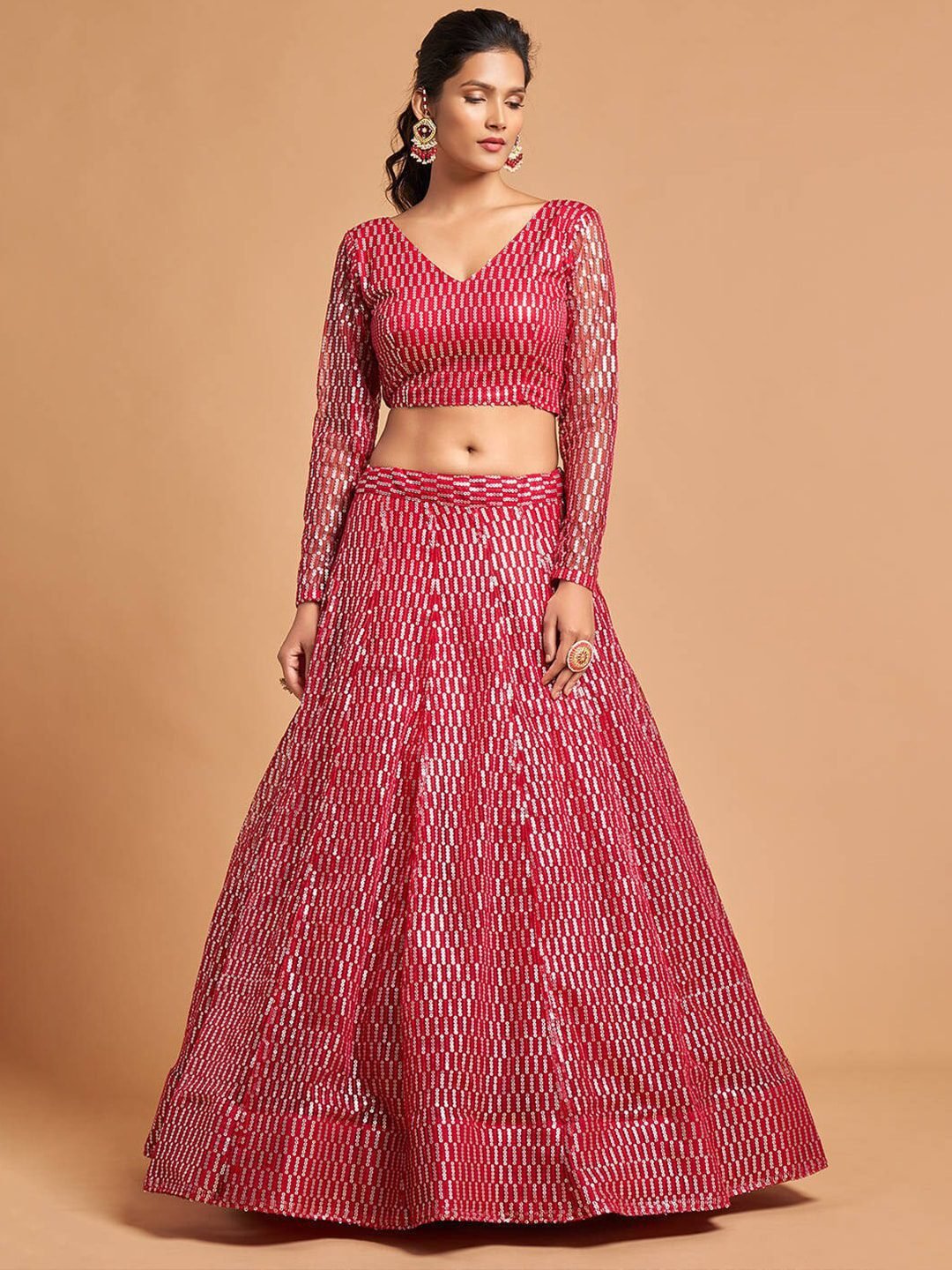 Pink & Silver-Toned Embroidered Sequinned Kalamkari Semi-Stitched Lehenga &amp; Unstitched Blouse With