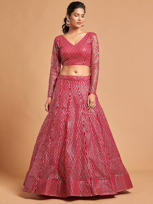 Pink & Silver-Toned Embroidered Sequinned Kalamkari Semi-Stitched Lehenga &amp; Unstitched Blouse With