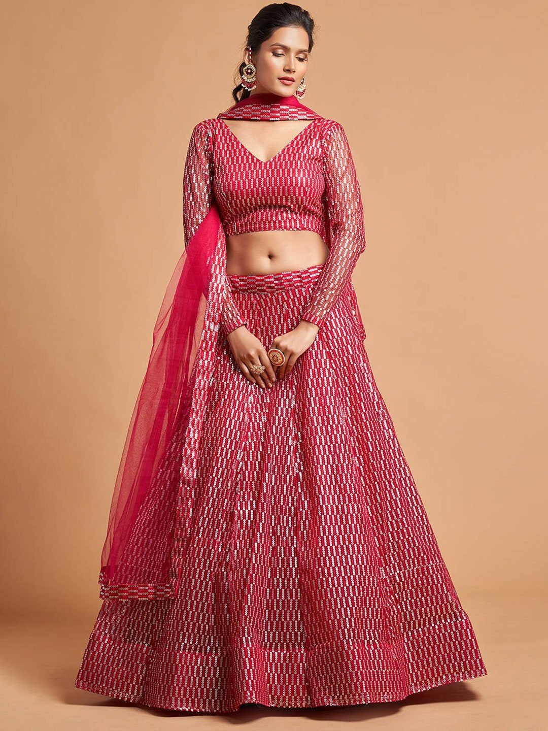 Pink & Silver-Toned Embroidered Sequinned Kalamkari Semi-Stitched Lehenga &amp; Unstitched Blouse With
