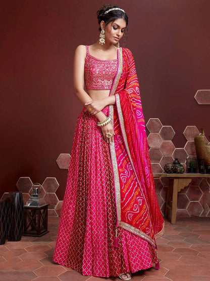 Pink & White Embellished Thread Work Semi-Stitched Lehenga & Unstitched Blouse With Dupatta