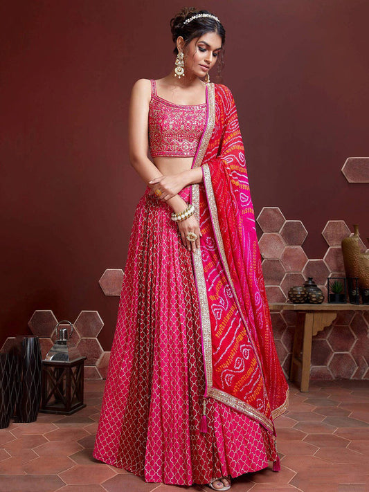 Pink & White Embellished Thread Work Semi-Stitched Lehenga & Unstitched Blouse With Dupatta