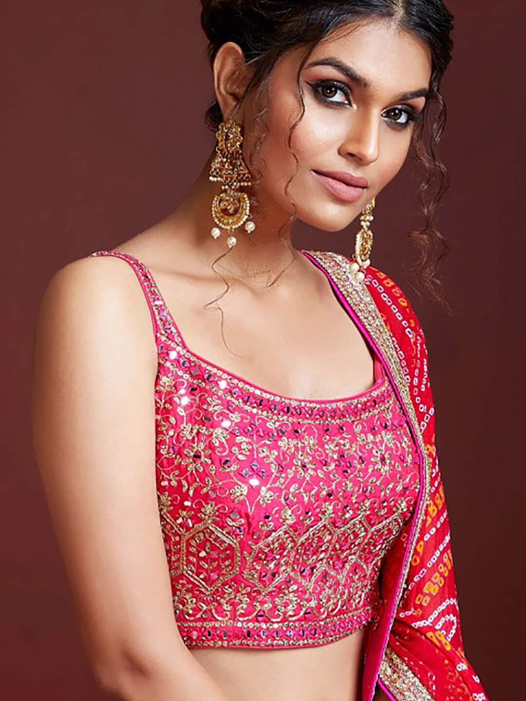 Pink & White Embellished Thread Work Semi-Stitched Lehenga & Unstitched Blouse With Dupatta