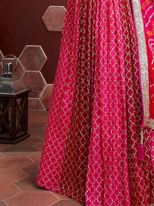 Pink & White Embellished Thread Work Semi-Stitched Lehenga & Unstitched Blouse With Dupatta