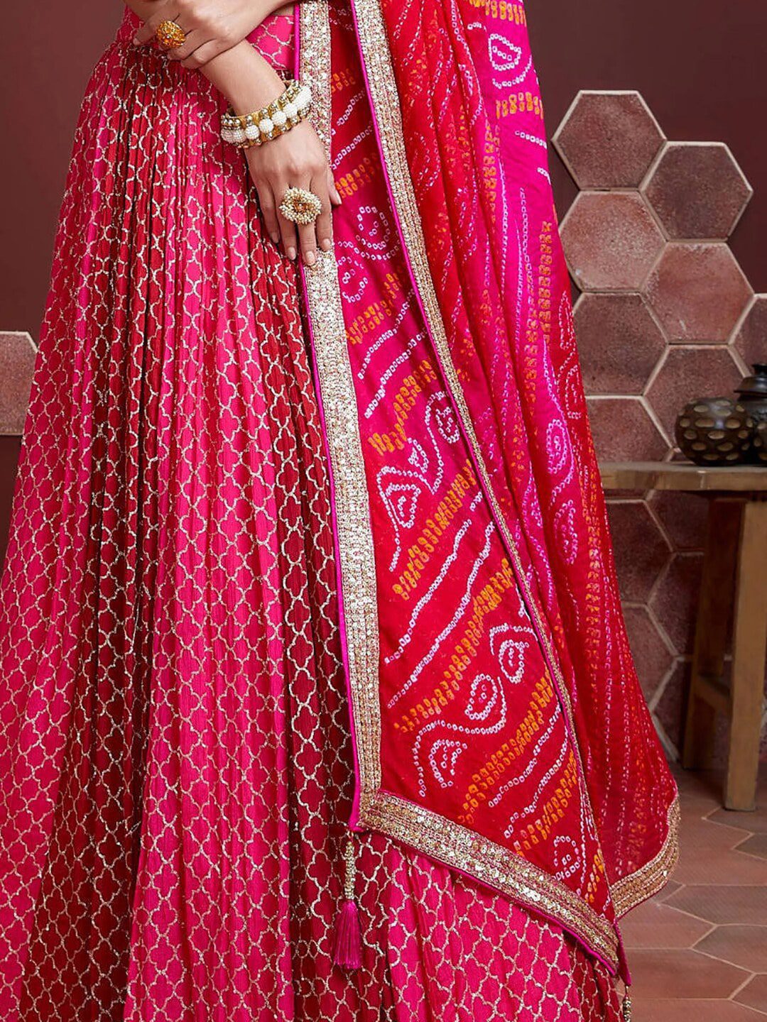 Pink & White Embellished Thread Work Semi-Stitched Lehenga & Unstitched Blouse With Dupatta