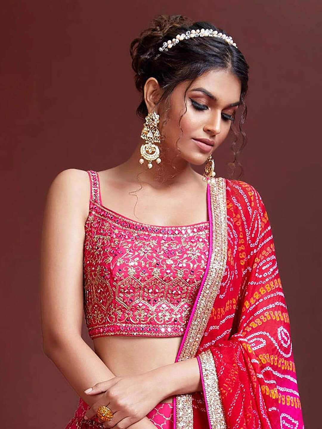 Pink & White Embellished Thread Work Semi-Stitched Lehenga & Unstitched Blouse With Dupatta