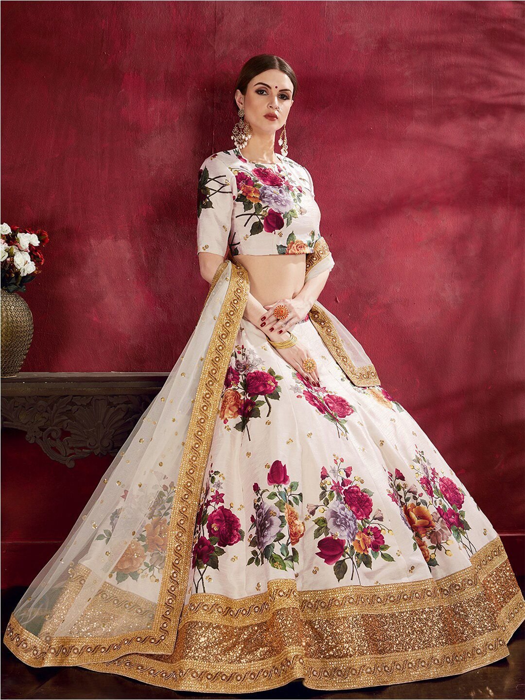 Printed Semi-Stitched Lehenga Unstitched Blouse With Dupatta
