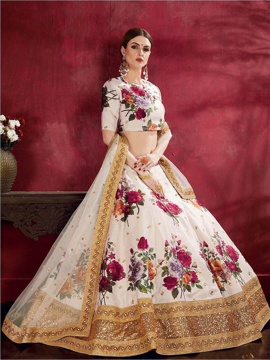 Printed Semi-Stitched Lehenga Unstitched Blouse With Dupatta