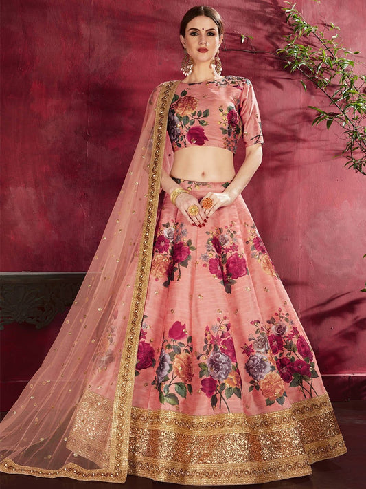 Printed Semi-Stitched Lehenga Unstitched Blouse With Dupatta