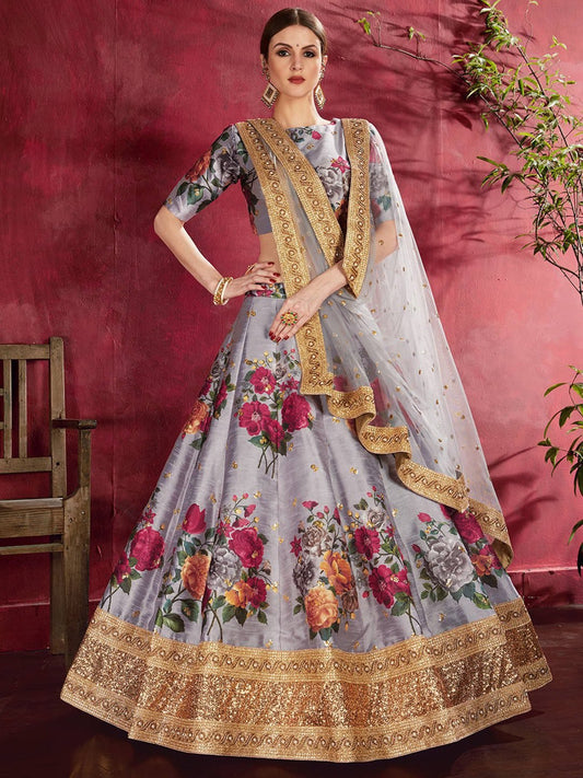 Printed Semi-Stitched Lehenga Unstitched Blouse With Dupatta