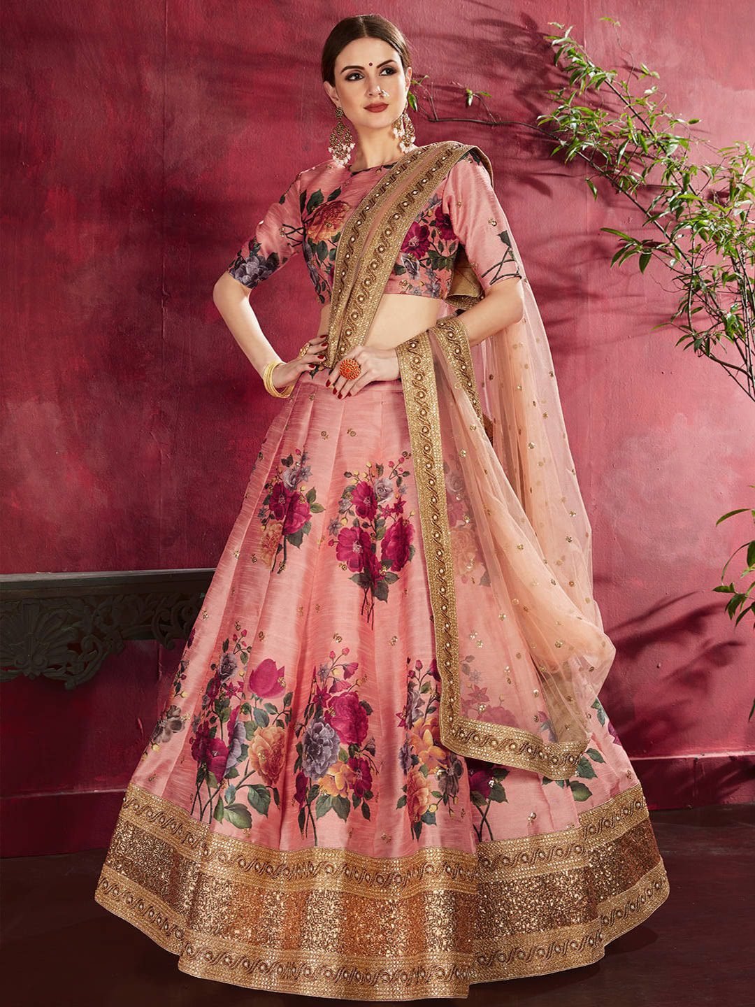 Printed Semi-Stitched Lehenga Unstitched Blouse With Dupatta