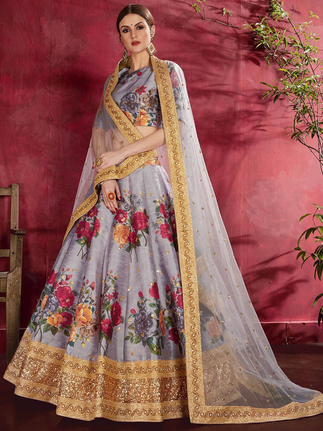 Printed Semi-Stitched Lehenga Unstitched Blouse With Dupatta