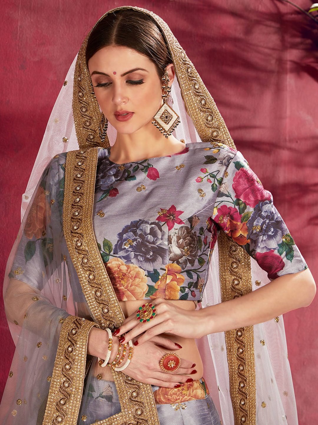Printed Semi-Stitched Lehenga Unstitched Blouse With Dupatta