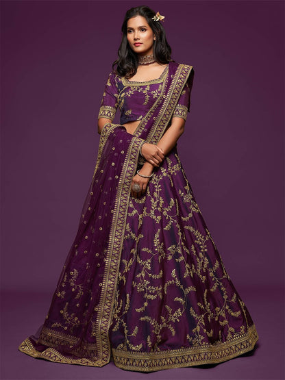 Purple Gold Embroidered Semi-Stitched Lehenga Unstitched Blouse With Dupatta