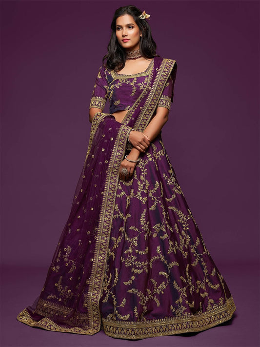 Purple Gold Embroidered Semi-Stitched Lehenga Unstitched Blouse With Dupatta