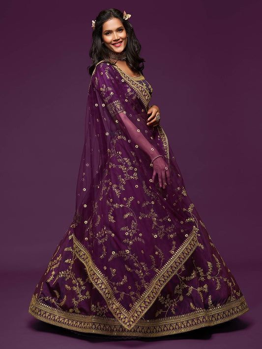 Purple Gold Embroidered Semi-Stitched Lehenga Unstitched Blouse With Dupatta