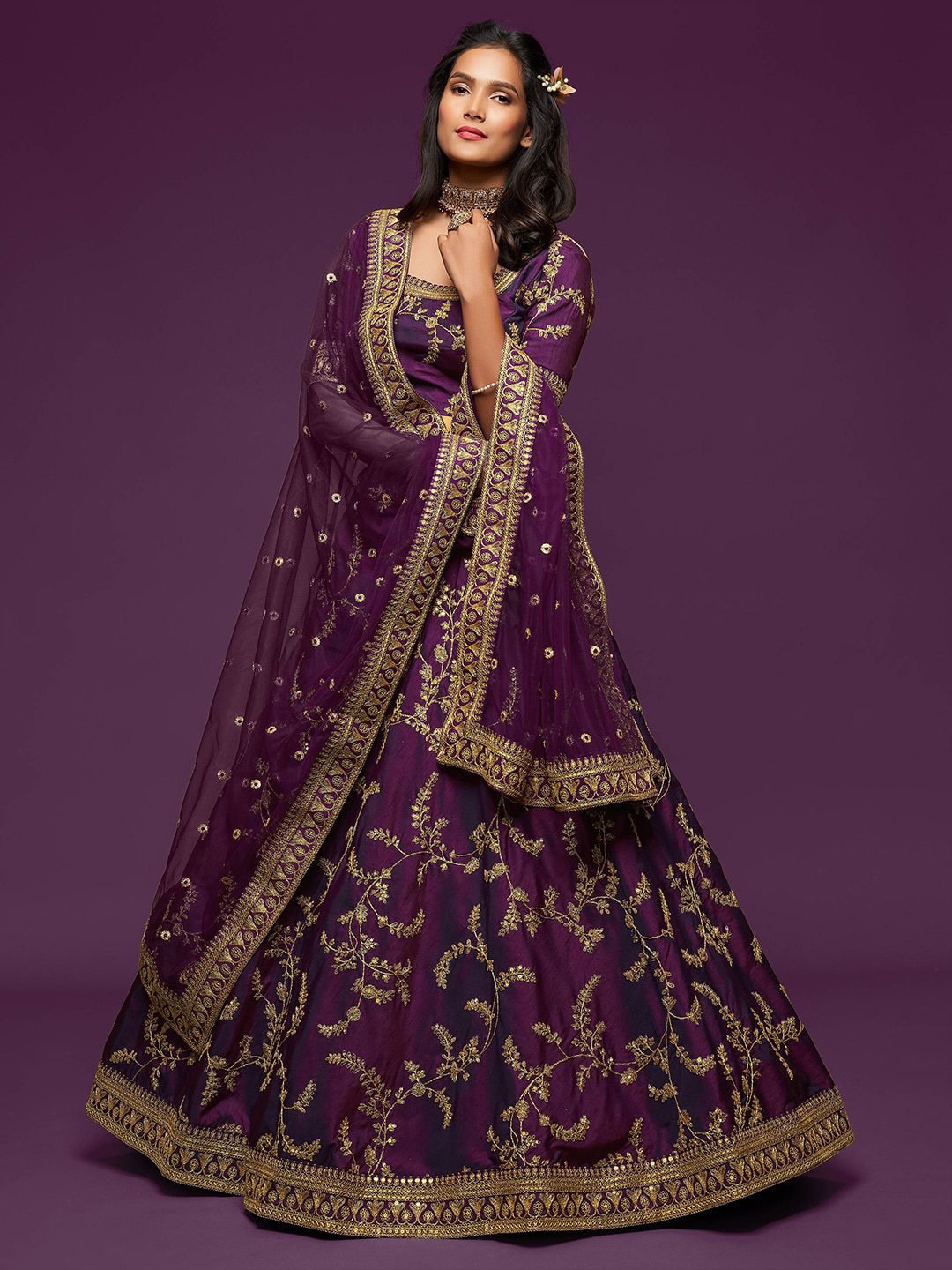 Purple Gold Embroidered Semi-Stitched Lehenga Unstitched Blouse With Dupatta