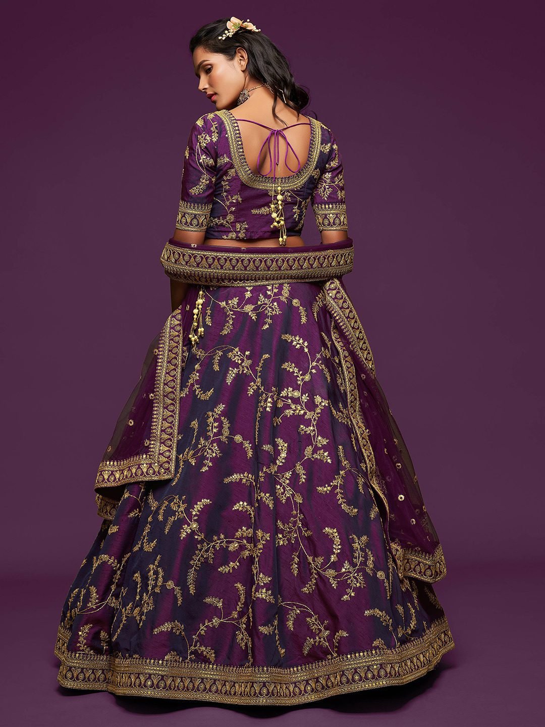Purple Gold Embroidered Semi-Stitched Lehenga Unstitched Blouse With Dupatta