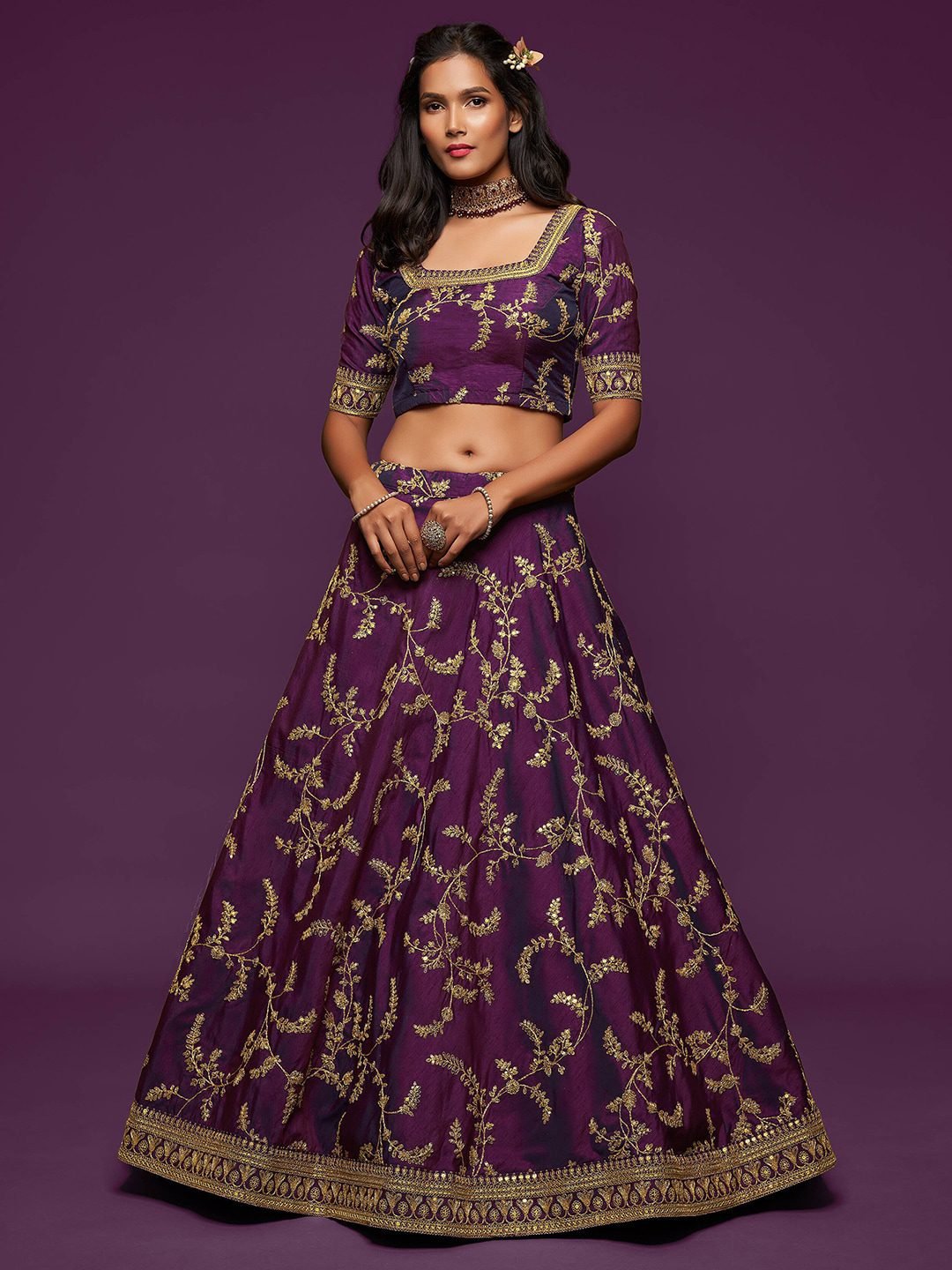 Purple Gold Embroidered Semi-Stitched Lehenga Unstitched Blouse With Dupatta