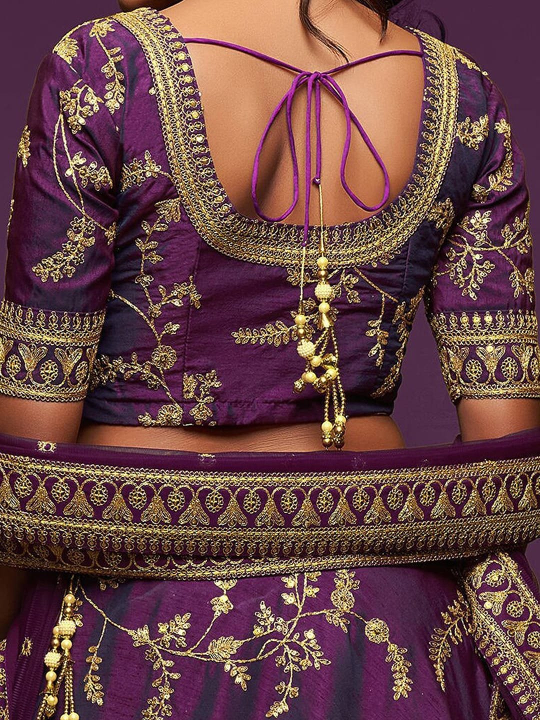 Purple Gold Embroidered Semi-Stitched Lehenga Unstitched Blouse With Dupatta