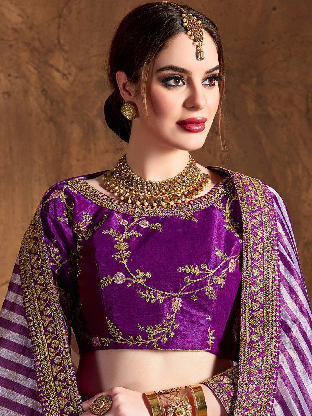 Purple & Gold-Toned Embroidered Semi-Stitched Lehenga & Unstitched Blouse With Dupatta