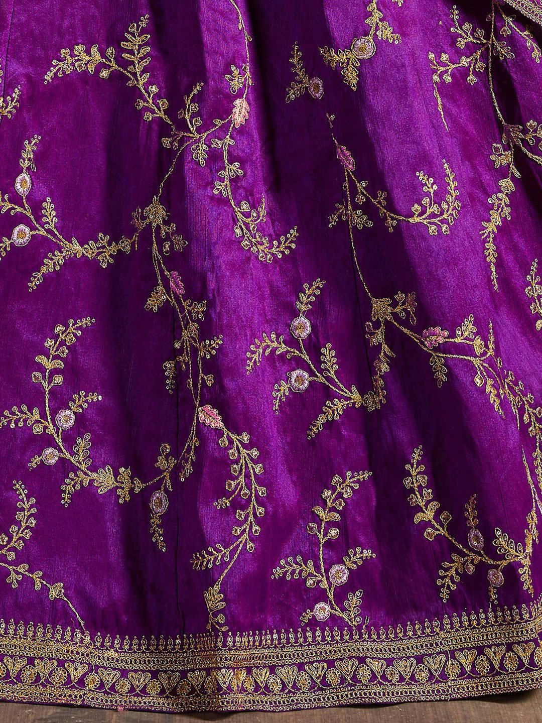 Purple & Gold-Toned Embroidered Semi-Stitched Lehenga & Unstitched Blouse With Dupatta