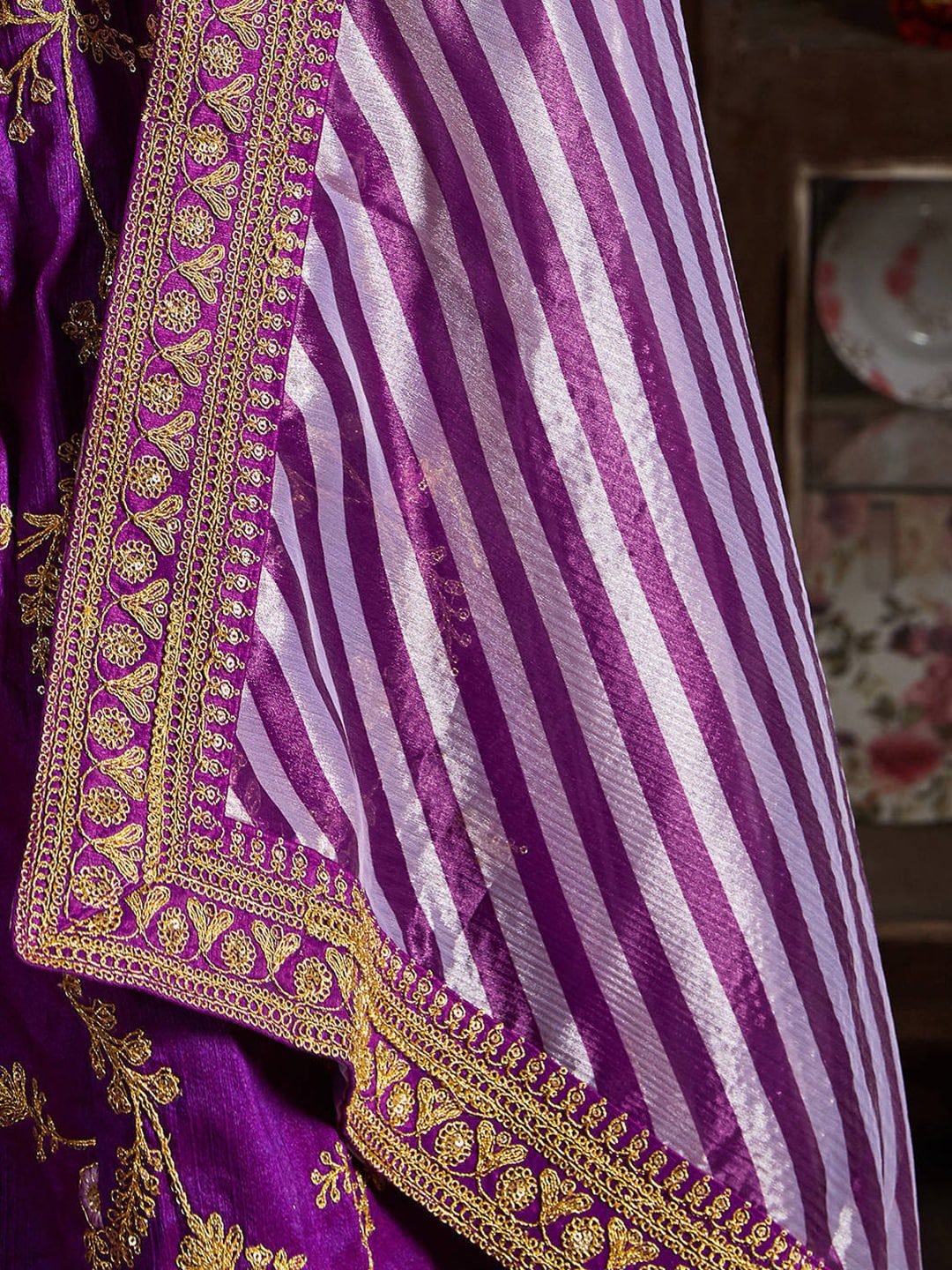Purple & Gold-Toned Embroidered Semi-Stitched Lehenga & Unstitched Blouse With Dupatta