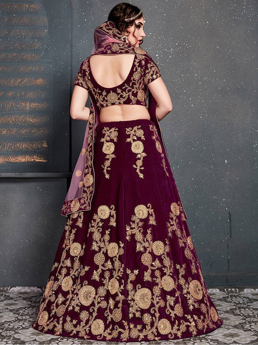 Purple & Gold-Toned Embroidered Semi-Stitched Lehenga & Unstitched Blouse With Dupatta