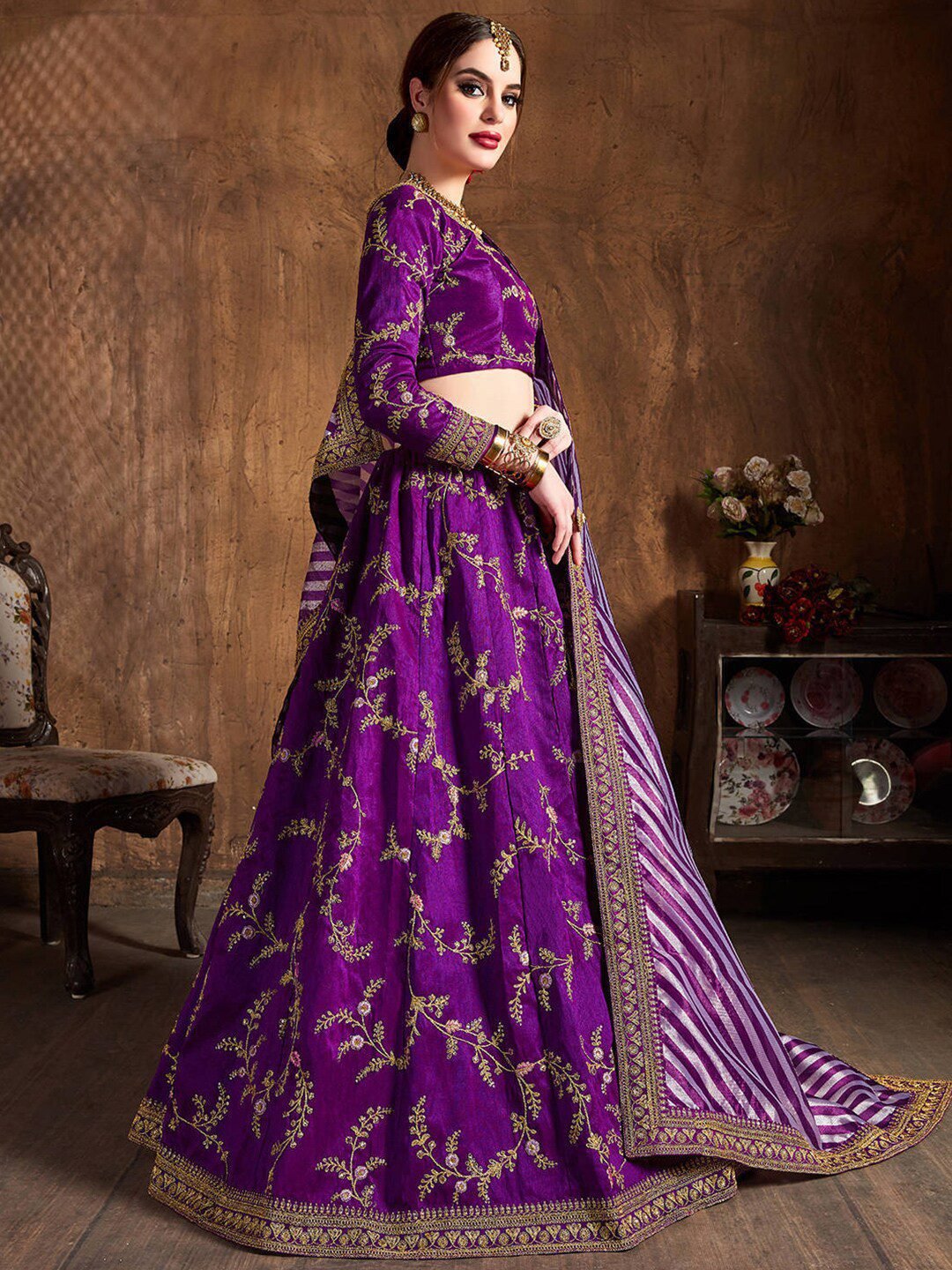 Purple & Gold-Toned Embroidered Semi-Stitched Lehenga & Unstitched Blouse With Dupatta
