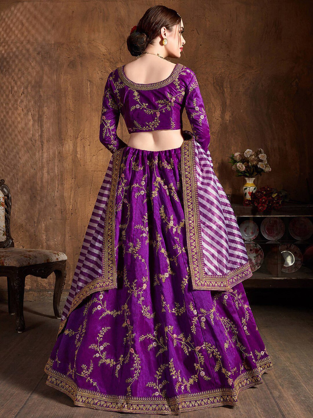 Purple & Gold-Toned Embroidered Semi-Stitched Lehenga & Unstitched Blouse With Dupatta