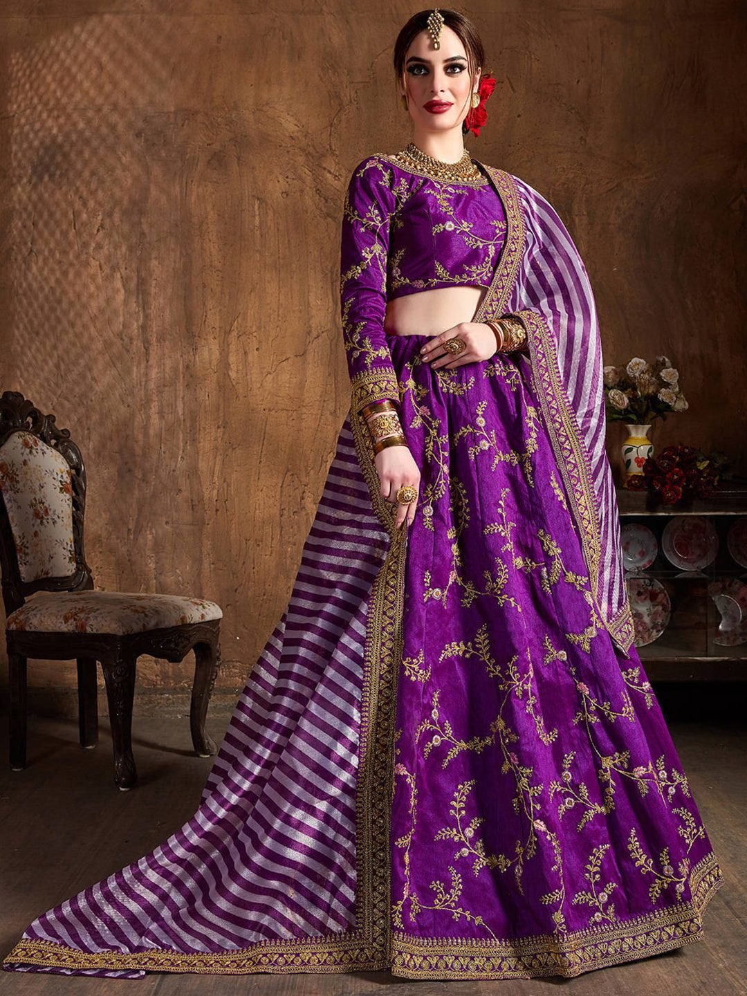 Purple & Gold-Toned Embroidered Semi-Stitched Lehenga & Unstitched Blouse With Dupatta