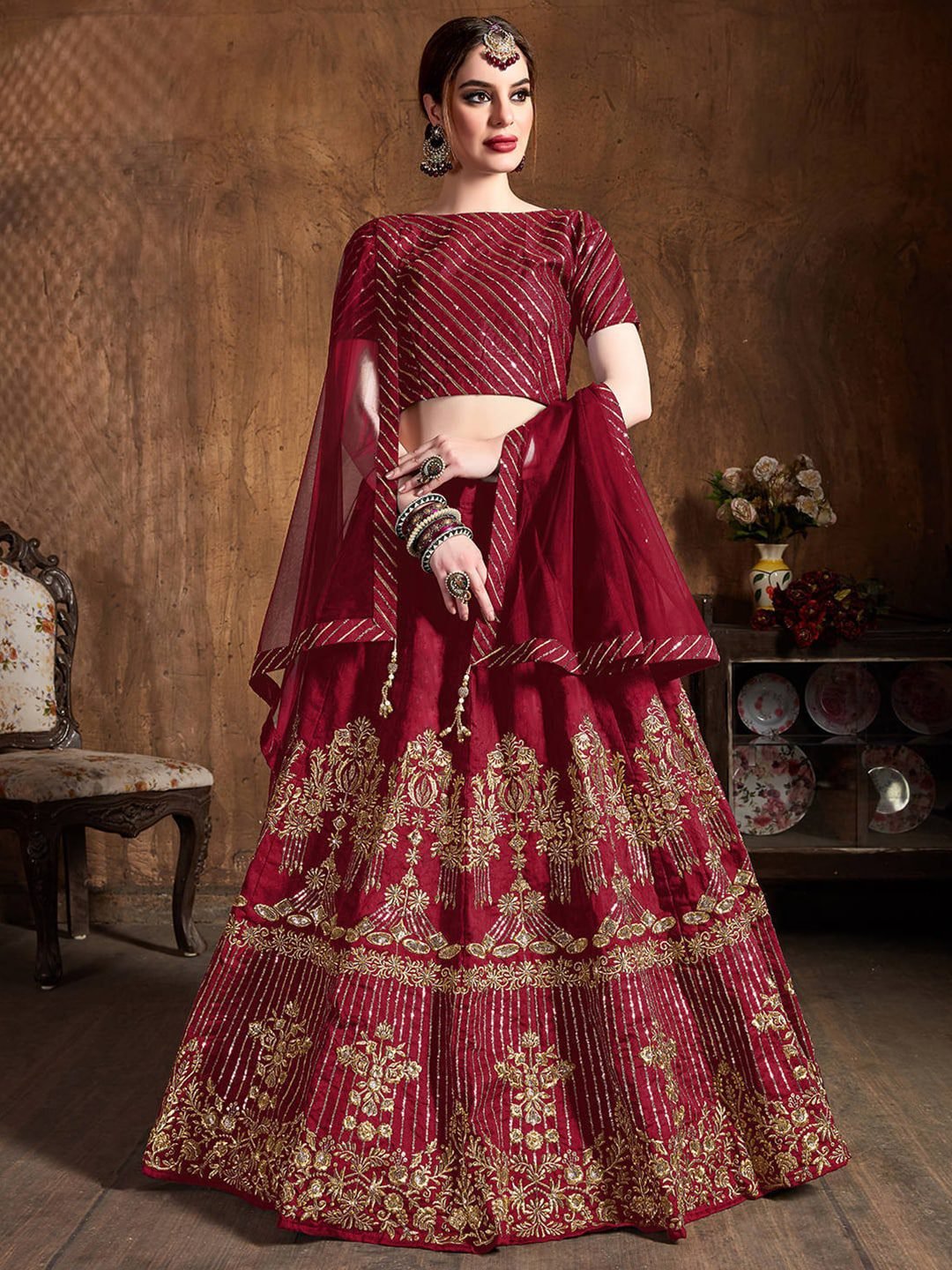 Red & Gold-Toned Embroidered Thread Work Semi-Stitched Lehenga &amp; Unstitched Blouse With Dupatta