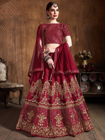 Red & Gold-Toned Embroidered Thread Work Semi-Stitched Lehenga &amp; Unstitched Blouse With Dupatta