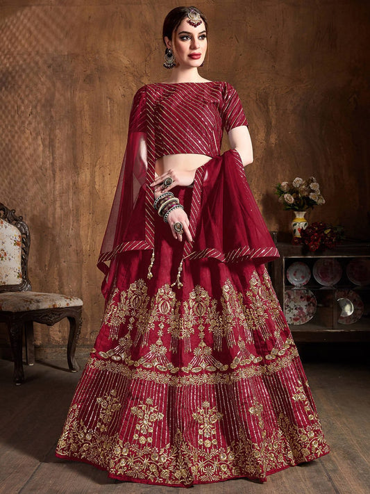 Red & Gold-Toned Embroidered Thread Work Semi-Stitched Lehenga &amp; Unstitched Blouse With Dupatta